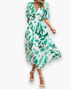 Damen Elegantes Blumendruck Midikleid | Midi Sommer Kleid in Grün