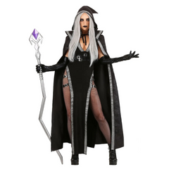 Damen Halloween-Kostüm Zauberin mit Kapuze | Umhang & Taillierter Body in Schwarz