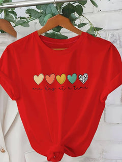Herz-Print Kurzarm-T-Shirt für Damen in Rot
