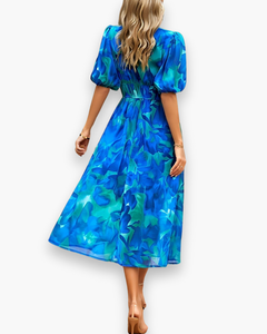 Damen Elegantes Blumendruck Midikleid | Midi Sommer Kleid in Blau