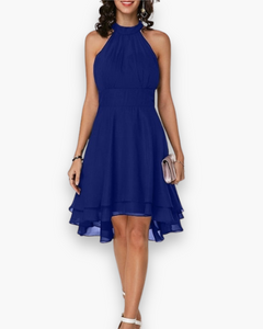 Damen Elegantes Rüschendes Kleid | Midi Festliches Kleid in Blau