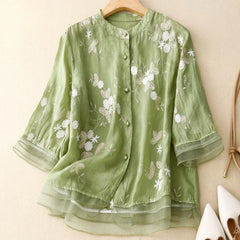 Camille | Elegante Bluse aus bestickter Baumwolle in Grün