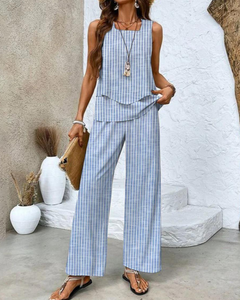 Damen Sommer Set Zweiteiler | Ärmelloses Top & Gerade Hose in Streifen