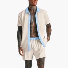 Herren Sommer Set mit Kurzarmhemd und Kordelzug Shorts in Aprikose
