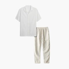 Herren Sommer Schlafanzug Set mit Kurzarmhemd und langer Hose in Weiß
