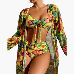 3-teiliges Bikini-Set - Damen Strand-Outfit mit Cover-up in Gelb