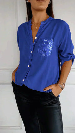 Jasmine | Elegantes V-Ausschnitt-Shirt mit funkelnden Pailletten für Damen in Dunkel Blau