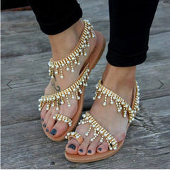 Pia® | Sandalen Flache Perlen Bequeme String Perlen Hausschuhe in Braun