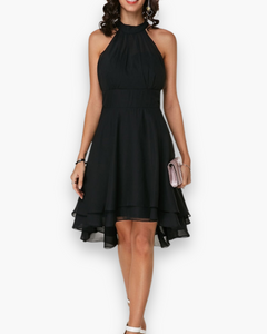 Damen Elegantes Rüschendes Kleid | Midi Festliches Kleid in Schwarz