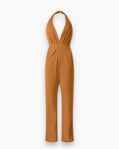 Damen Stilvoll Tief Schnitt Jumpsuit | Elegante in Gelb Braun