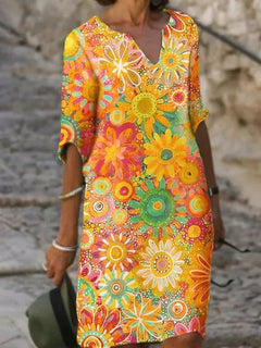 Hannah - Kleid mit V-Ausschnitt und Blumenmuster in Gelb