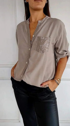 Jasmine | Elegantes V-Ausschnitt-Shirt mit funkelnden Pailletten für Damen in Khaki