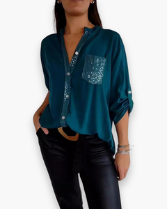 Damen Glitzer Pailletten Top | Festlich Elegant in Seeblau