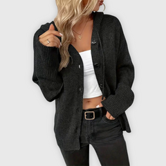 Susy | Eleganter Langarm-Hoodie mit Knopfdetails in Schwarz
