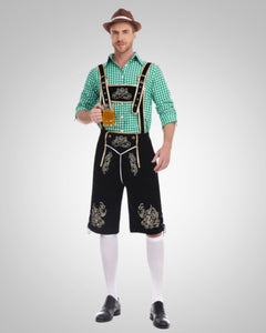 Alexander | Herren Lässig Oktoberfest Lederhose in Grünes Oberteil + Schwarze Hose + Brauner Hut