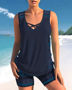 Lila® | Tankini mit Tribal-Print und gekreuzten Details in Dunkelblau