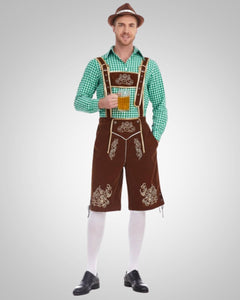 Alexander | Herren Lässig Oktoberfest Lederhose in Grünes Oberteil + braune Hose + brauner Hut