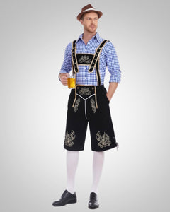 Alexander | Herren Lässig Oktoberfest Lederhose in Blaues Oberteil + schwarze Hose + brauner Hut