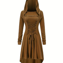 Damen Halloween-Kleid mit Kapuze | Schnürung & Asymmetrischer Saum in Kaffeefarbe