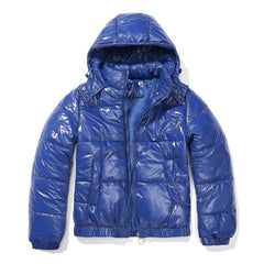 Yazmin - Eine dicke, glänzende Damenjacke mit Kapuze in Blau