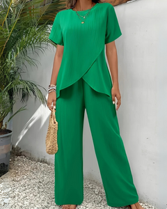 Damen Asymmetrisches Zweiteiler Set | Weite Hose in Grün