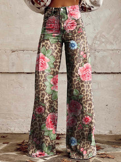 Cathleen - Weite Damenhose mit weitem Bein in Rosa & Leopard