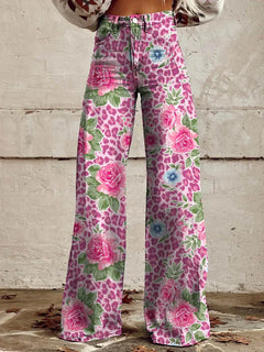 Cathleen - Weite Damenhose mit weitem Bein in Rosa Blume