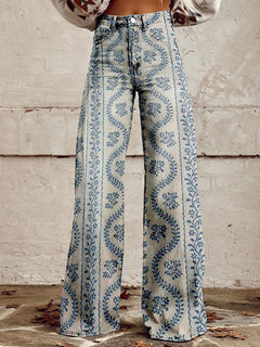 Cathleen - Weite Damenhose mit weitem Bein in Blau Gemustert