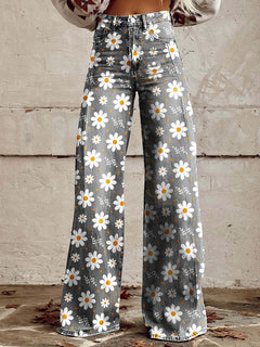 Cathleen - Weite Damenhose mit weitem Bein in Weiß Blume