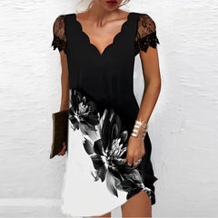 Kristine - Elegantes Midi-Kleid mit V-Ausschnitt in Schwarz und weiß