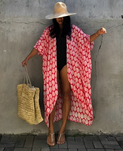 Palm Isle - Verführerischer Strand-Kimono in Blätter - Rot