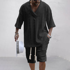 V-Ausschnitt Strick Shirt und Shorts Set für Herren in Schwarz