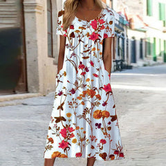 Isabella - Boho Floral Kleid wit Bauchabdeckung in Rot