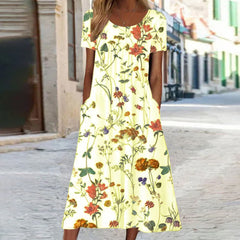 Isabella - Boho Floral Kleid wit Bauchabdeckung in Gelb