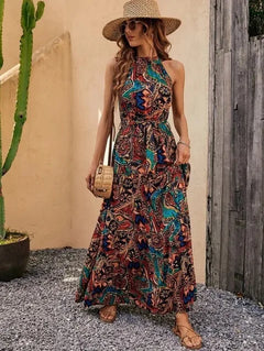 Philine - Maxi-Kleid - Retro Halternek in Braun