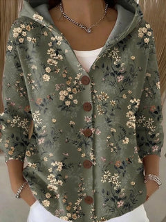 Bunte Damen Strickjacke mit Kapuze und Knopfleiste – Lockerer Hoodie Cardigan für Alltag und Freizeit in Dunkelgrün