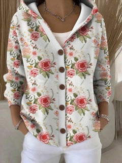Bunte Damen Strickjacke mit Kapuze und Knopfleiste – Lockerer Hoodie Cardigan für Alltag und Freizeit in Zartes Rosa