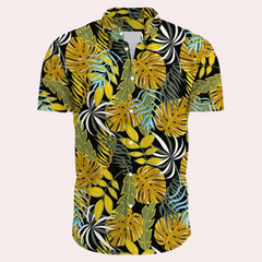 Herren Sommer-Poloshirt mit Hawaii-Print und Knöpfen in Gelb