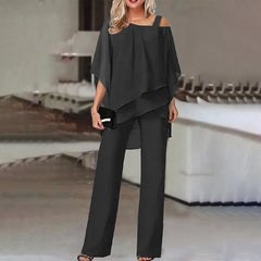 Asymmetrisches Oberteil und Weit Geschnittene Hose Set für Damen in Schwarz