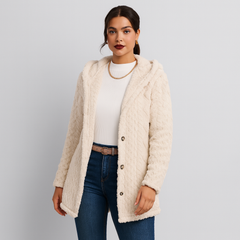 Marlena | Damen Knopf-Front Teddy Hoodie Mantel für Herbst & Winter in Beige