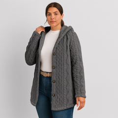Marlena | Damen Knopf-Front Teddy Hoodie Mantel für Herbst & Winter in Grau