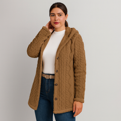 Marlena | Damen Knopf-Front Teddy Hoodie Mantel für Herbst & Winter in Braun