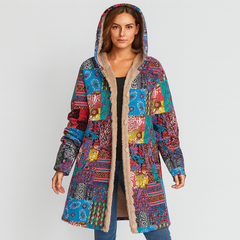 Selene | Bohemian Patchwork Wintermantel mit Kapuze in Leuchtend blau