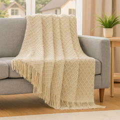 Weiche, gemütliche Überwurfdecke im Vintage-Stil mit geometrischem Muster für Couch und Bett in Beige