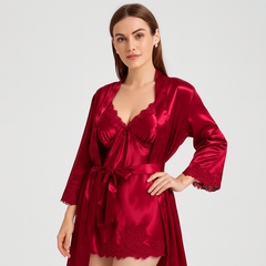Elegantes 5-in-1-Pyjama-Set für Damen – Premium-Loungewear-Set mit Bademantel und passenden Teilen in Rot
