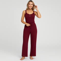 Damen-Pyjama-Set mit Spitzenbesatz – Elegante und weiche Nachtwäsche für nächtlichen Komfort in Purpurrot