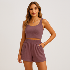 Geripptes Camisole- und Shorts-Set für Damen – Lässiges 2-teiliges Lounge-Outfit in Dunkelviolett