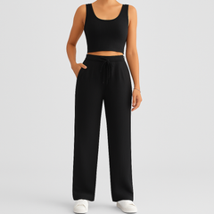 2-teiliges Sommer-Set für Damen – Ärmelloses Crop-Top und strukturierte Hose mit hoher Taille in Schwarz