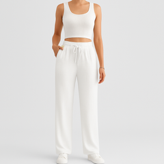 2-teiliges Sommer-Set für Damen – Ärmelloses Crop-Top und strukturierte Hose mit hoher Taille in Aprikose
