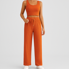 2-teiliges Sommer-Set für Damen – Ärmelloses Crop-Top und strukturierte Hose mit hoher Taille in Mandarinenrot